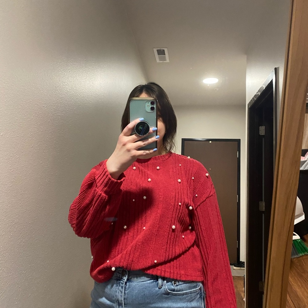 Red Sweater with Pearl Accents